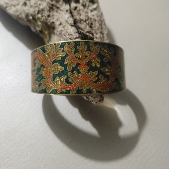Vintage Brass Cloisonné Bangle Bracelet Ornate Green Orange Enamel Design - Picture 6 of 7